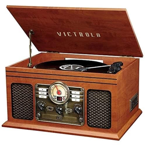 Victrola Quincy - 6-in-1 Bluetooth Record Player - Mahogany | Plays vinyl, CD, cassette and FM radio through built-in stereo speakers, Bluetooth and aux streaming, headphone jack
