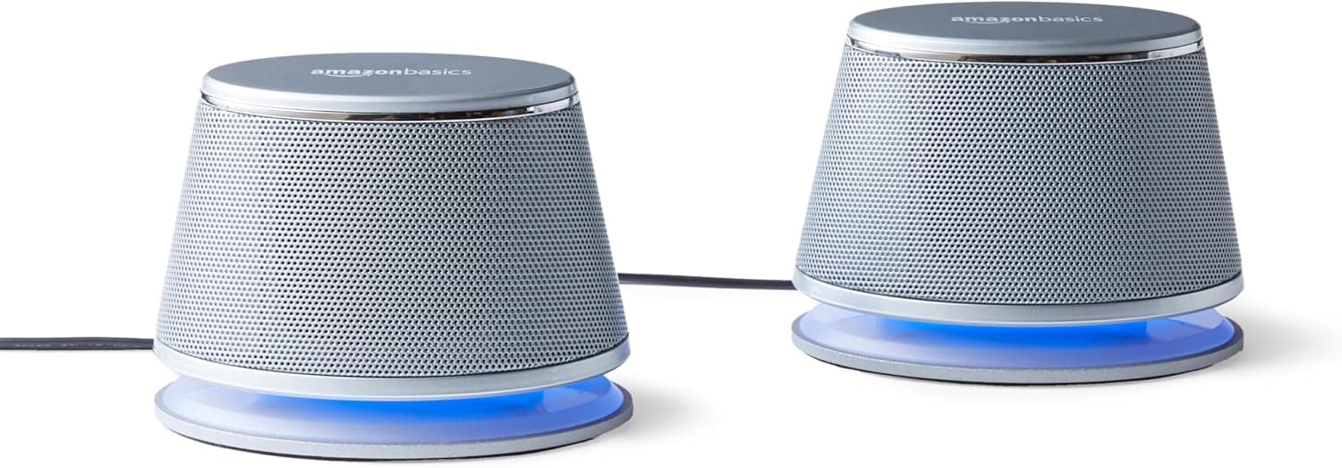 Amazon Basics Stereo 2.0 Computer Speakers with LED (Silver, Pair)