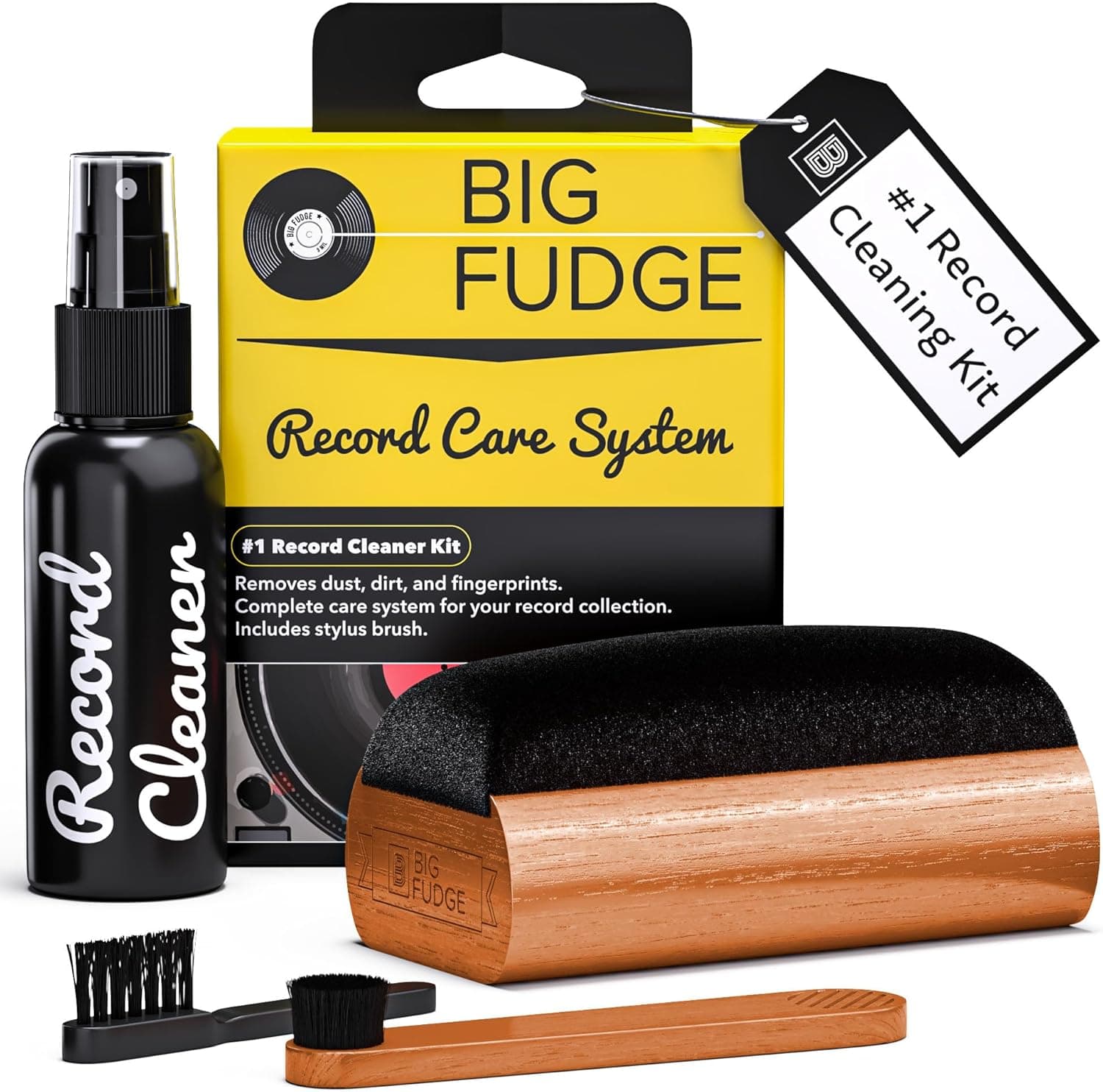 Big Fudge Vinyl Record Cleaning Kit 4-in-1 Velvet Brush Cleaning Liquid Stylus Brush Pouch