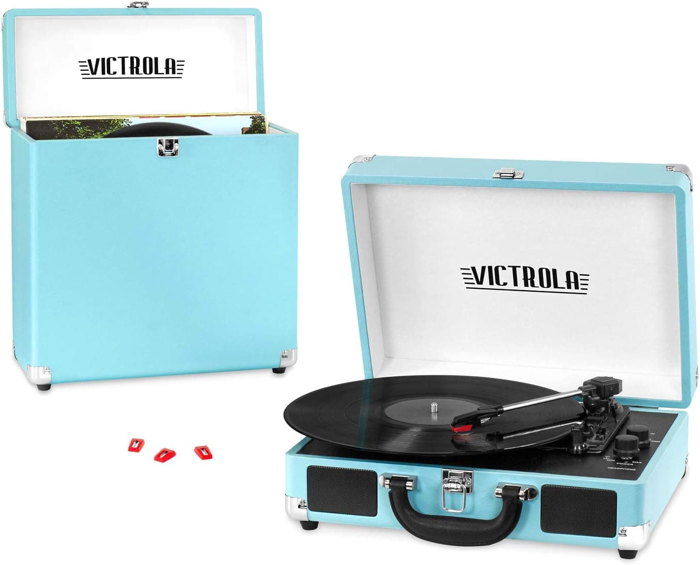 Victrola Vintage 3-Speed Portable Suitcase Record Player with Built-in Speakers & Carrying Case, Extra Stylus, Turquoise