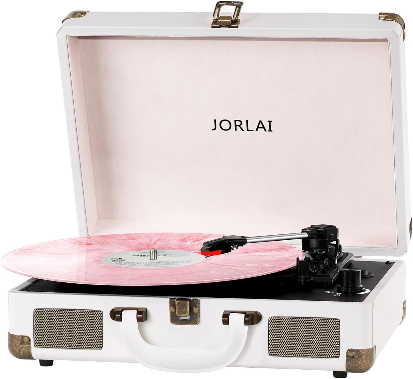 JORLAI Record Player 3-Speed Turntable, Bluetooth, Built-in Battery, Stereo Speakers, Belt Driven, Portable, PC Recording, White