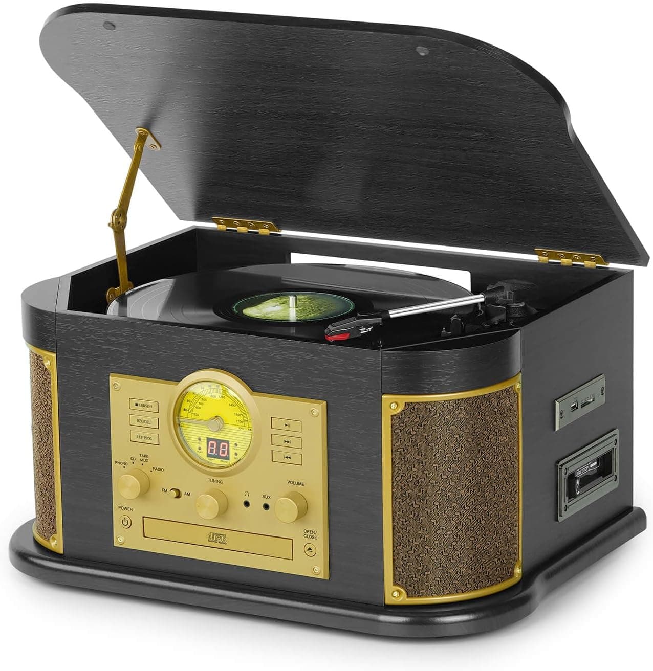 All-in-One Vinyl Record Player with Bluetooth, CD, Cassette, AM/FM Radio, USB/SD Recorder, 3 Speed Vintage Turntable (DLITIME)