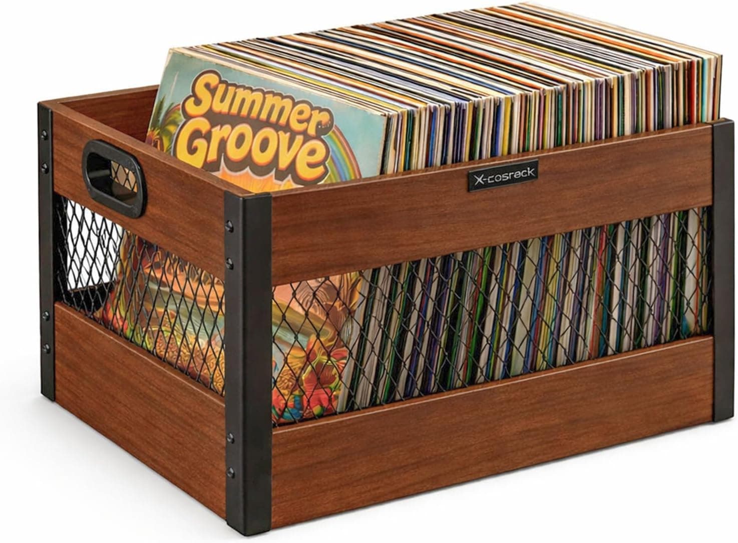 X-cosrack Vinyl Record Storage Crate, Wooden LP Organizer, Holds 60-80 Records
