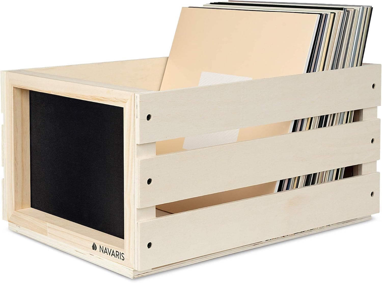 Navaris Wood Record Crate with Chalkboard Sign Board, Holds up to 80 LP Records