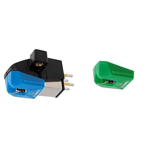Audio-Technica AT-VM95E Elliptical Replacement Turntable Stylus Green and Audio-Technica AT-VM95C Dual Moving Magnet Turntable Cartridge Blue Bundle