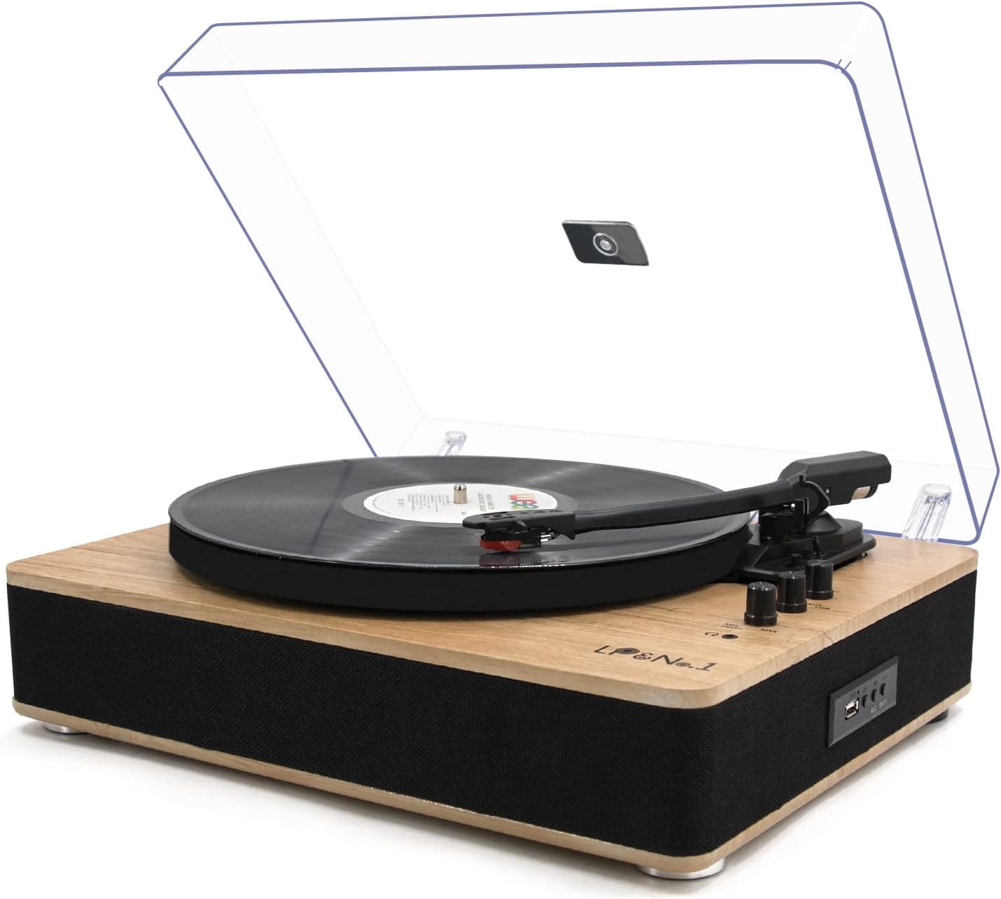 Vinyl Record Player 3-Speed Belt-Drive Turntable with Stereo Speakers and USB Play & Recording (Light Wood)