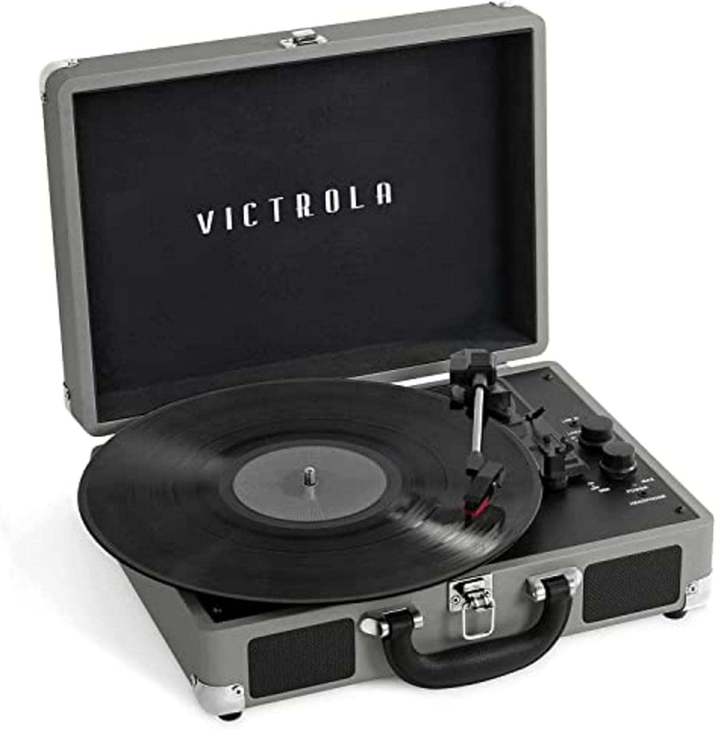 Victrola Journey+ Bluetooth Suitcase Record Player, Built-In Speakers, 33/45/78 RPM, RCA Out, Wireless Streaming (Grey)