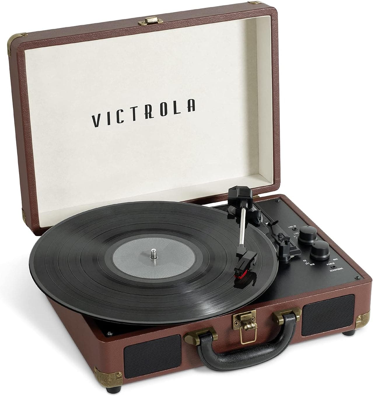 Victrola Vintage 3-Speed Bluetooth Portable Suitcase Record Player, Built-in Speakers, VWM-10-DBR, Dark Brown