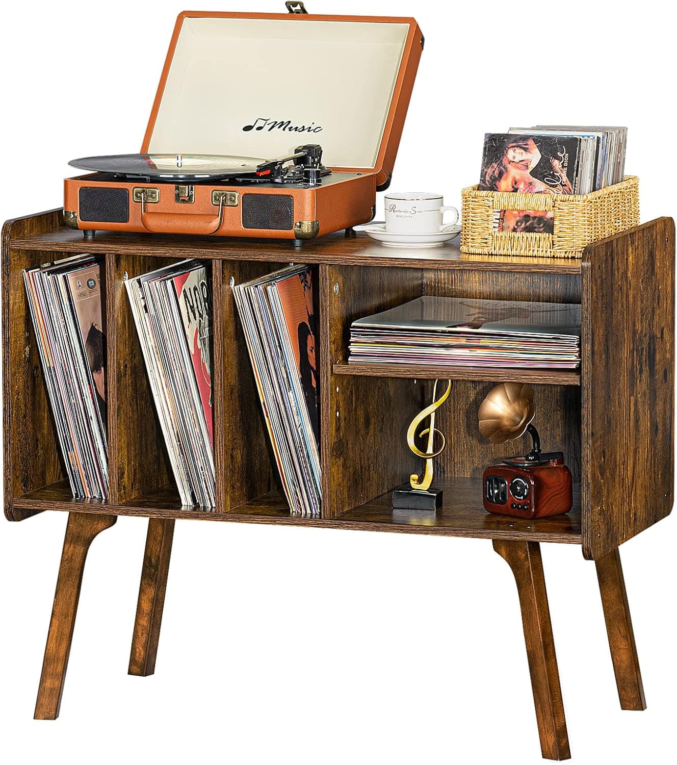 Lerliuo Record Player Stand, 4-Cabinet Holds 220 Albums, Mid-Century Beech Wood Legs