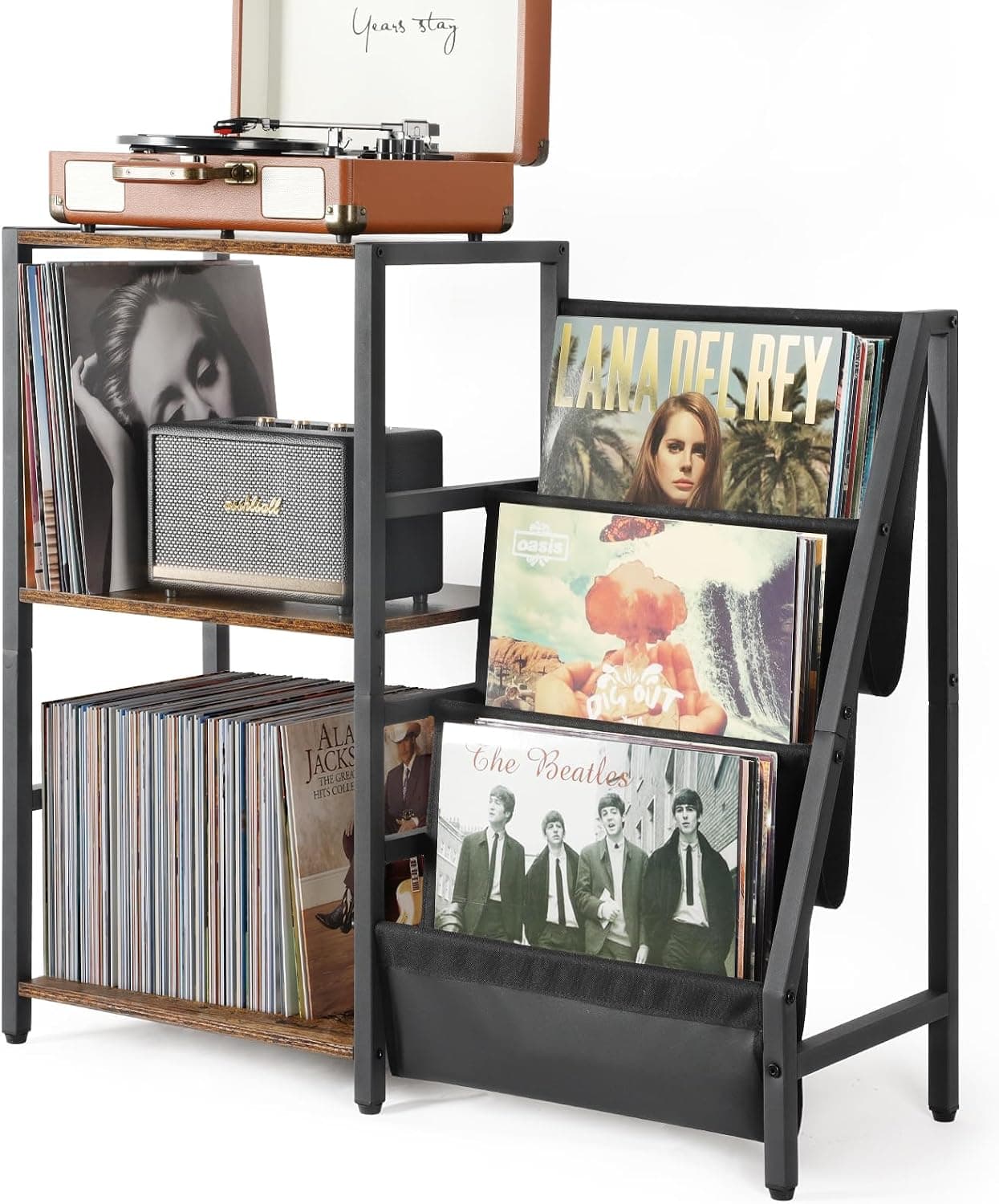 Bikoney Record Player Stand, Turntable Stand with 3-Tier Vinyl Storage, 200 Albums