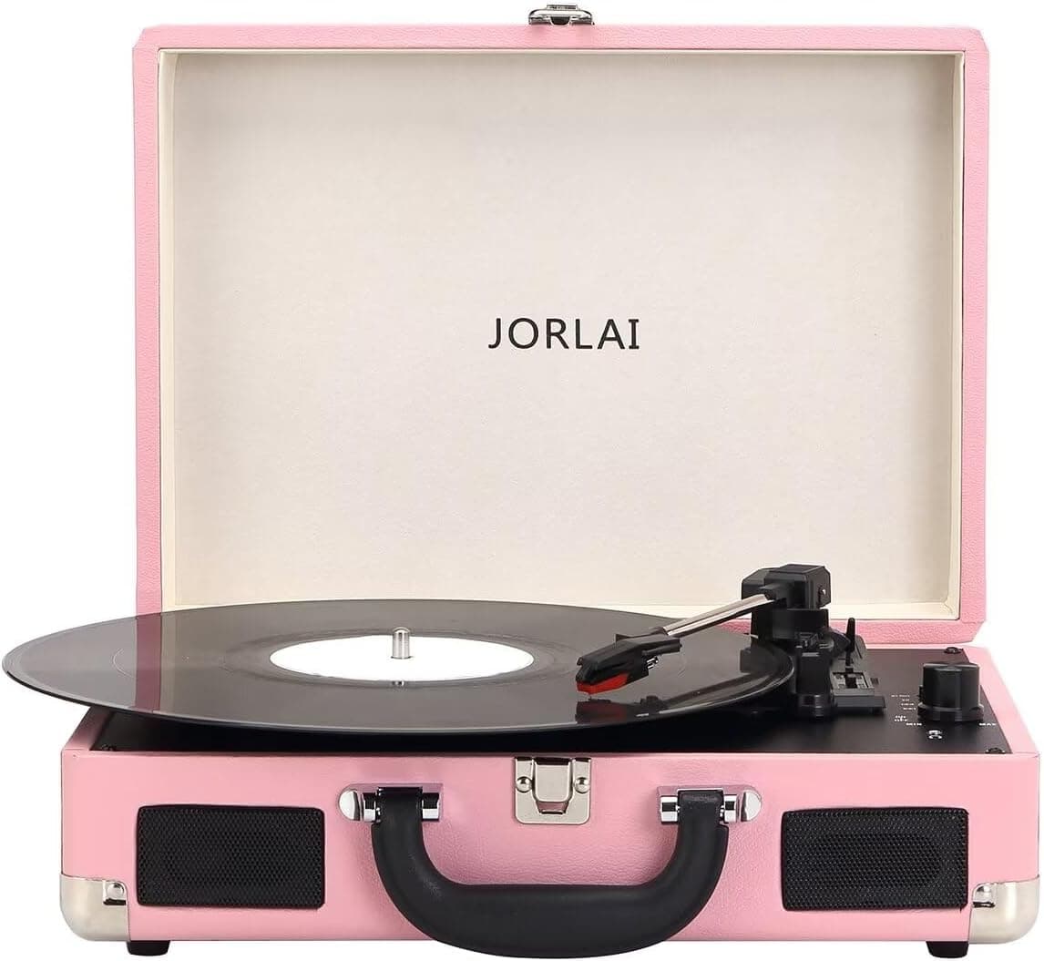 Portable Record Player, Bluetooth Vinyl Turntable, Rechargeable Battery, 3-Speed LP Playback, RCA/Aux/Headphone