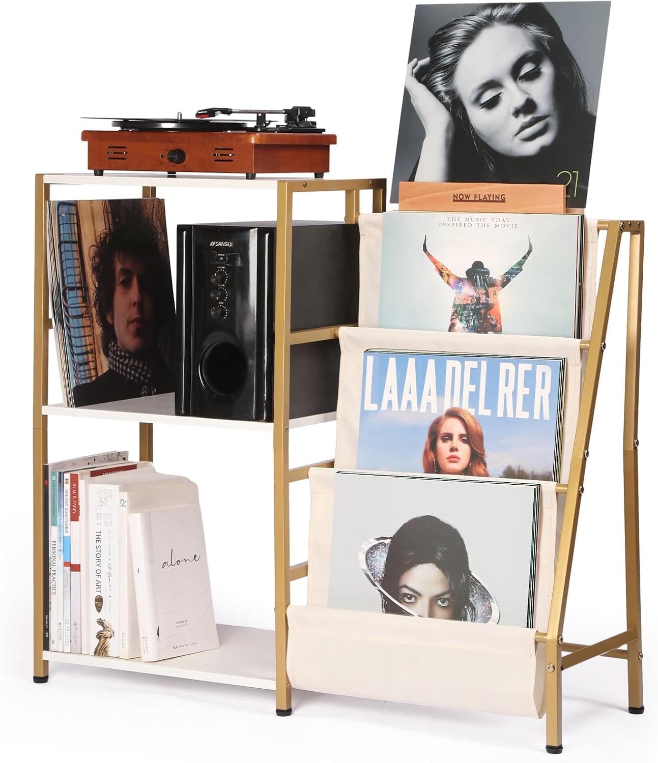 HYCFYJR Stand for Record Player, 3-Tier Vinyl Storage with Now Playing Holder, Gold/White