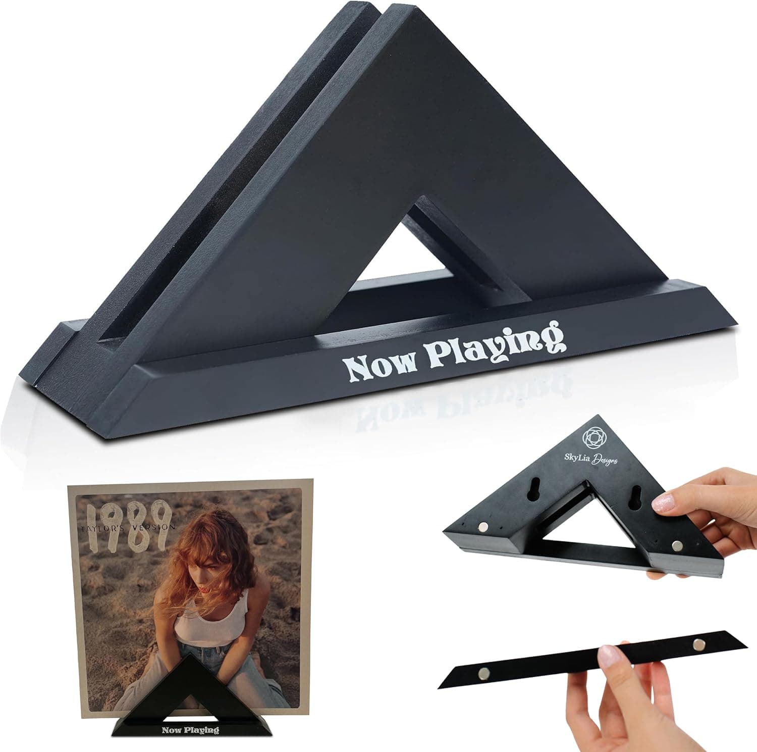Now Playing Vinyl Record Stand Wall Mount or Tabletop Black Wooden Holder