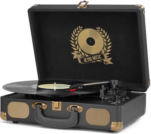 Vinyl Record Player Bluetooth 3-Speed Portable Vintage Suitcase with Built-in Speakers, RCA Line Out AUX in Headphone Jack Vintage Turntable, Black
