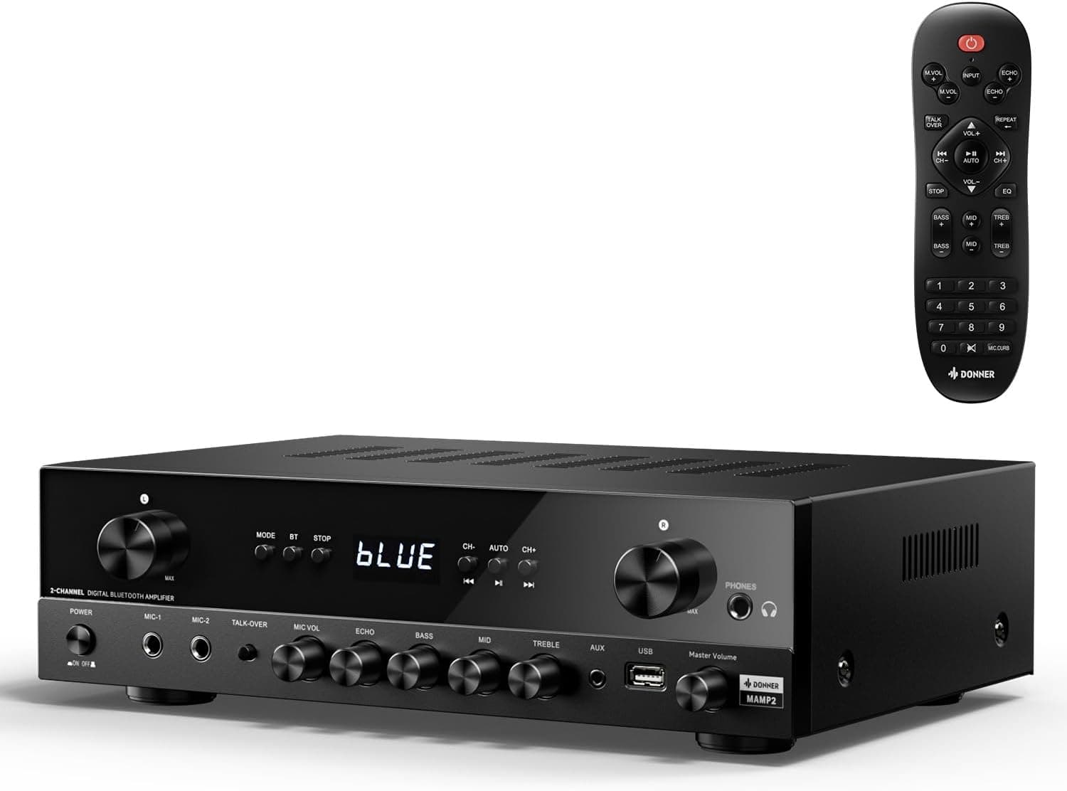 Donner Stereo Audio Amplifier, 600W Peak 2 Channel Receiver with Bluetooth 5.3, Phono, Optical, Coaxial, USB, FM (MAMP2)