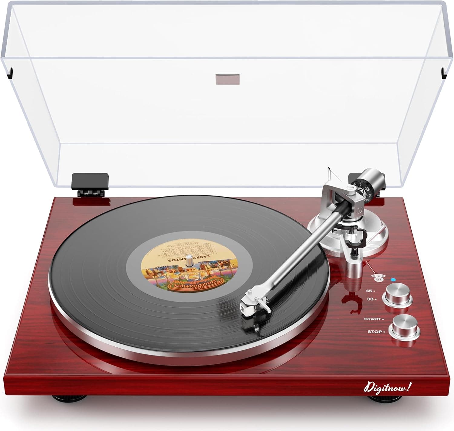 DIGITNOW Belt Drive Turntable, Bluetooth Speaker Output, Built-in Phono Pre-amp, USB Digital Output, High-Gloss Wood (Red)
