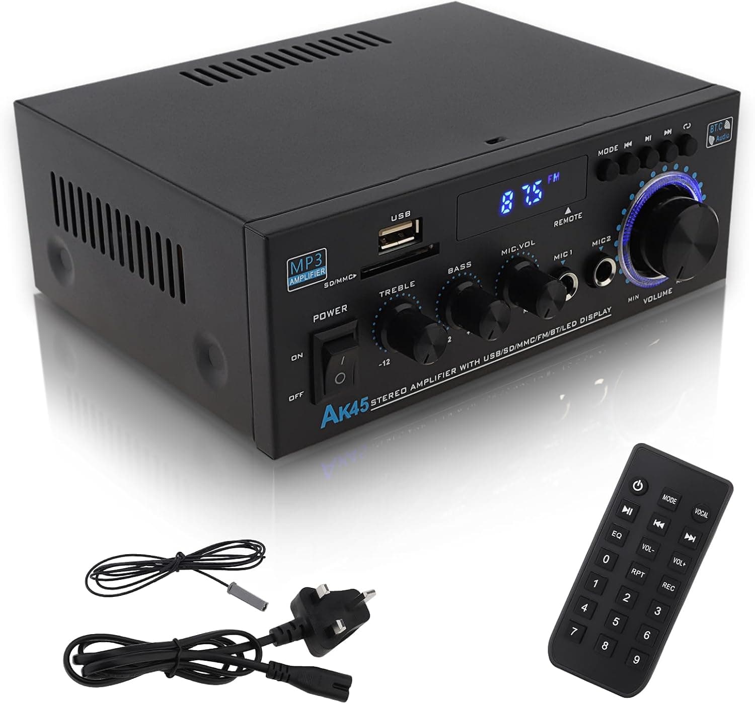 Stereo Audio Amplifier, 2 Channel Bluetooth Receiver with USB/SD/AUX/FM/RCA, 2 Mic In