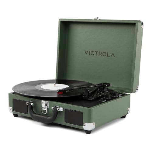 Victrola Journey II - Bluetooth Suitcase Record Player - Green | Built-in stereo speakers, 3-speed turntable plays 7", 10" and 12" records, Bluetooth in and out, headphone jack
