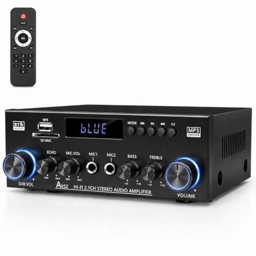 ELZONYX Bluetooth 5.0 Stereo Amplifier, 2.1 Channel 400W Home Audio Stereo Receiver for 2 Passive Speakers & Passive Subwoofer, Dual Mic Inputs, USB/SD/FM, Bass Treble Echo Control, Remote Control