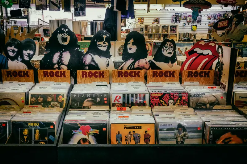 Explore a classic rock section in a vintage vinyl records shop, showcasing iconic albums and memorabilia