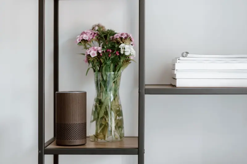 Elegant shelf setup with a smart speaker, vase of flowers, and stacked books for a minimalist touch